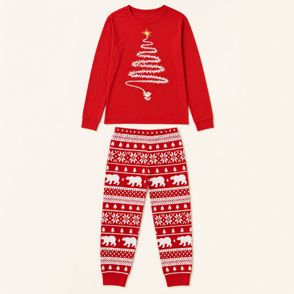Fireside Red Family Christmas Pajamas - flat lay of top and trousers