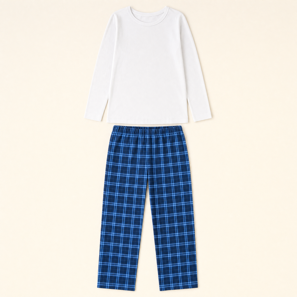 Snowfall Plaid Family Pajamas - flat lay of top and trousers