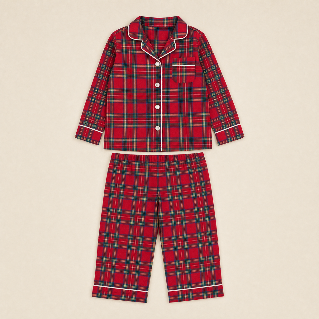Holly Plaid Kids Pajama Set - flat lay of top and trousers
