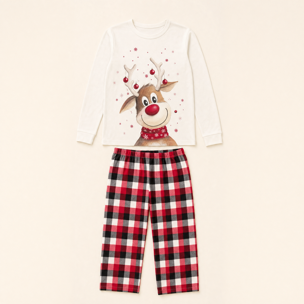 Midnight Deer Family Christmas Pajamas - flat lay of top and trousers