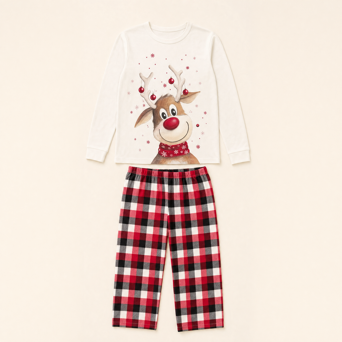 Midnight Deer Family Christmas Pajamas - flat lay of top and trousers
