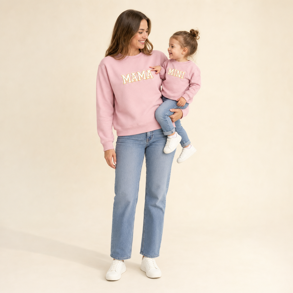 Embroidered Letter Mommy & Me Sweatshirt - mom holding her toddler, both in matching sweatshirts