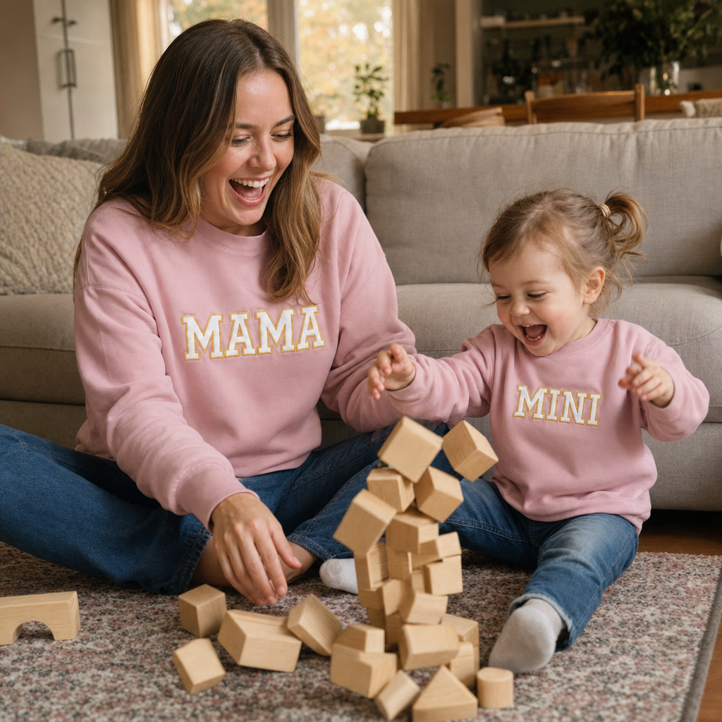 Embroidered Letter Mommy & Me Sweatshirt - mom and toddler playing at home