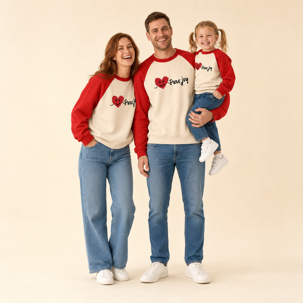 Heart & Smile Family Sweatshirt - mom, dad and daughter in matching sweatshirts