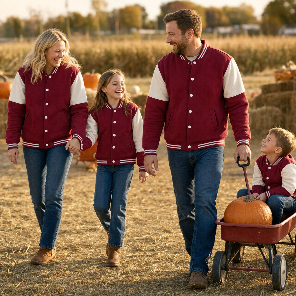Burgundy Varsity Family Jacket - family at a pumpkin patch