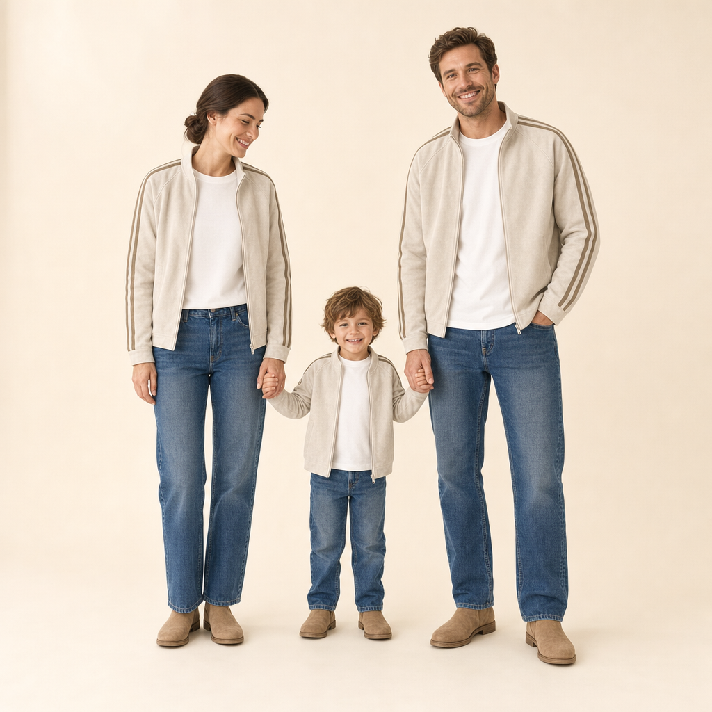 Ranger Suede Family Matching Jacket - mom, dad and son in matching jackets and white jeans