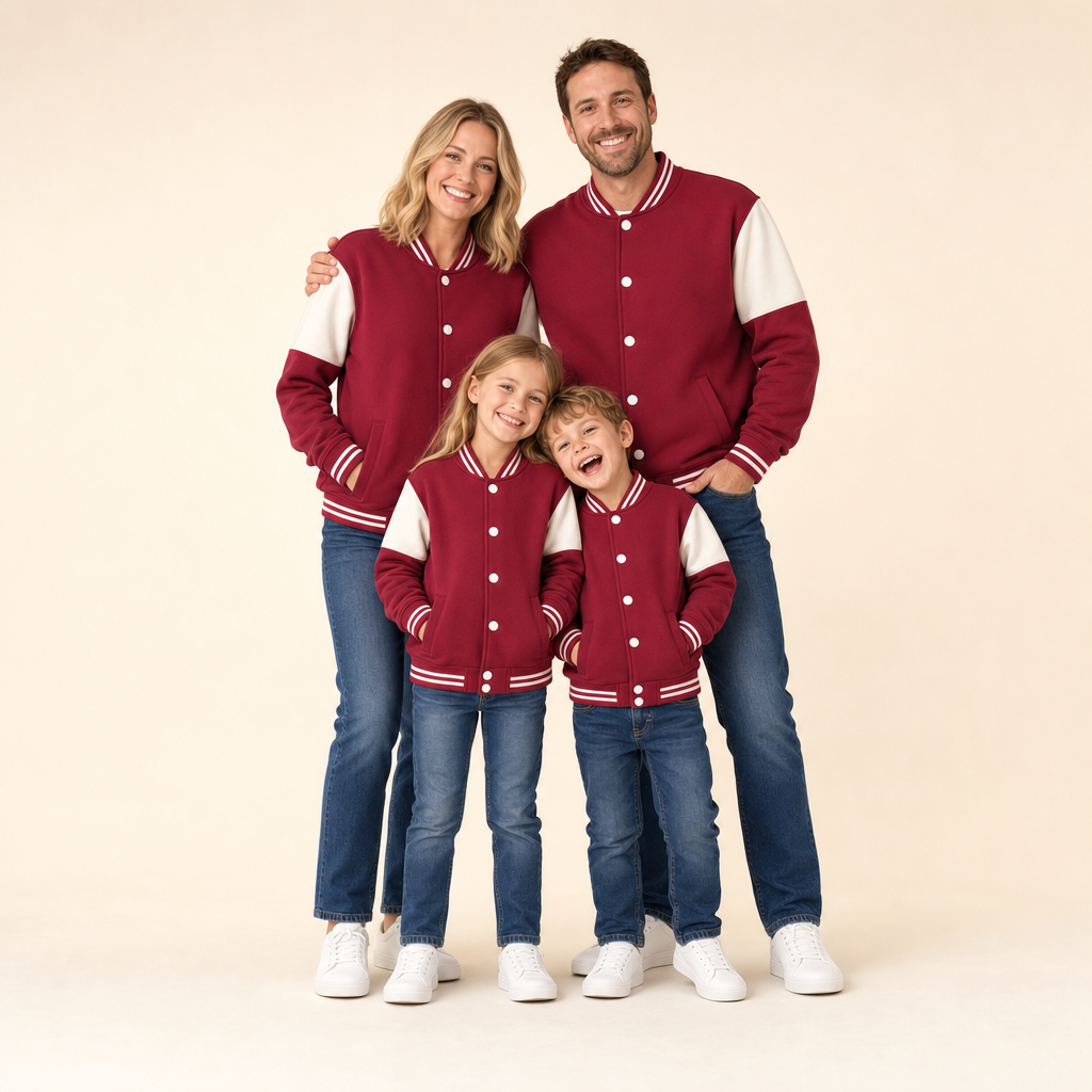 Burgundy Varsity Family Jacket - family of four in matching jackets