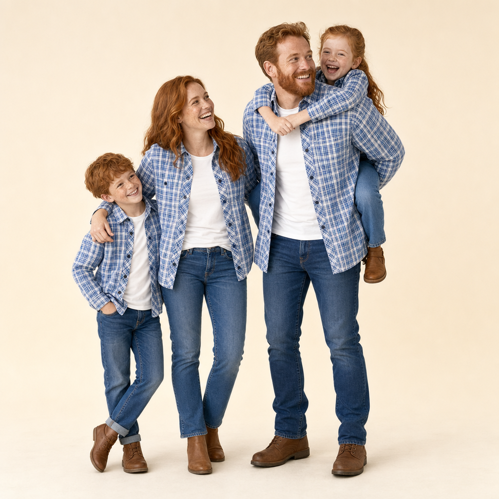 Weekend Plaid Family Matching Shirt - family of four in matching plaid shirts