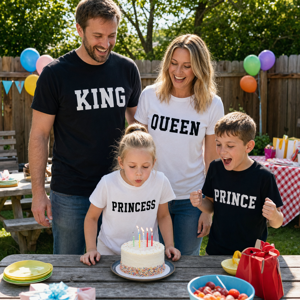 King & Queen Family Tee - family at a backyard birthday party
