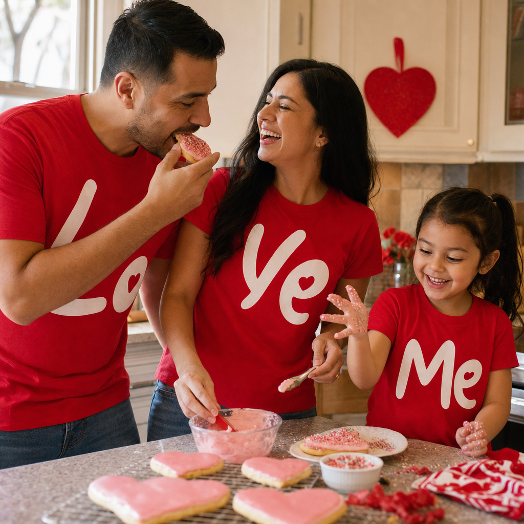 Love Me Family Matching Tee - family decorating Valentine's cookies