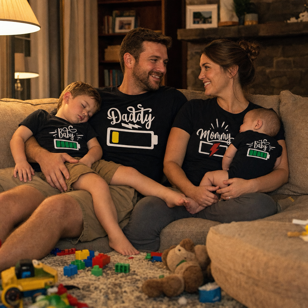 Low Battery Family Matching Tee - kids asleep on the parents at the end of the day