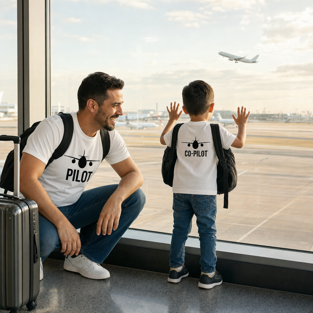 Pilot & Co-Pilot Family Tee - dad and son at the airport