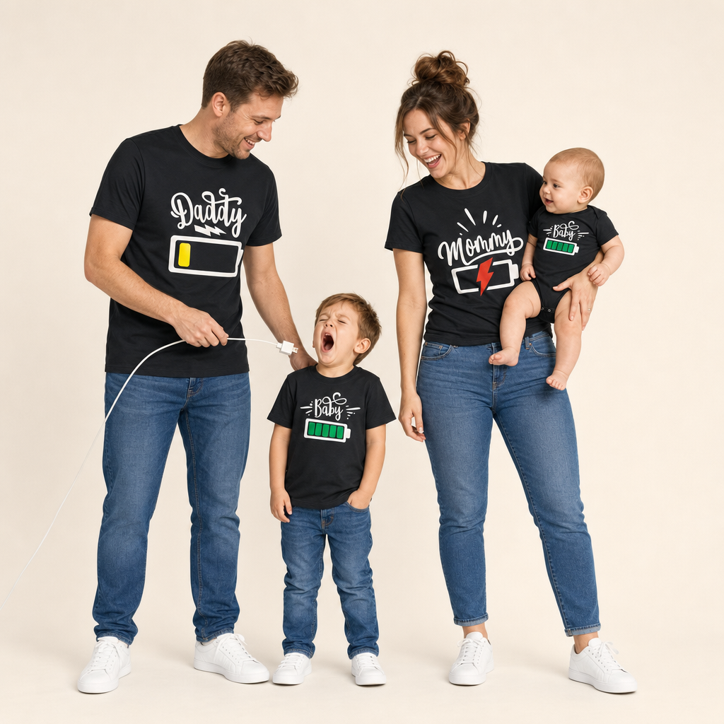 Low Battery Family Matching Tee - family with baby in matching battery tees
