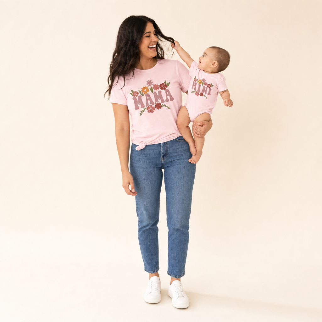 Mama & Mini Matching Tee - mom holding her baby, matching tee and romper
