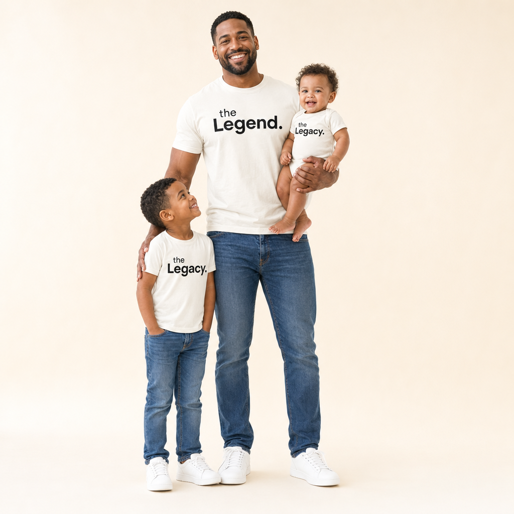 Legend & Legacy Family Tee - dad with his two sons in matching tees