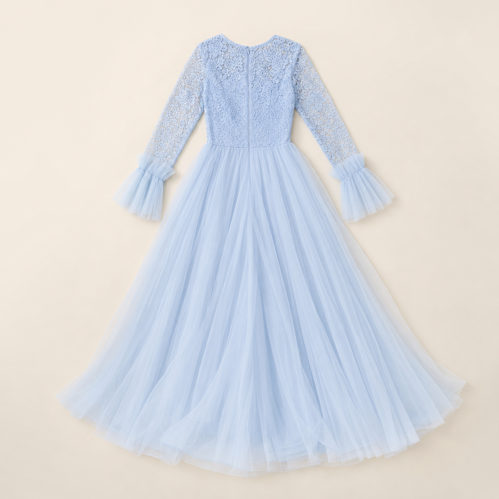 Sky Tulle Mother & Daughter Gown - gown flat lay, back