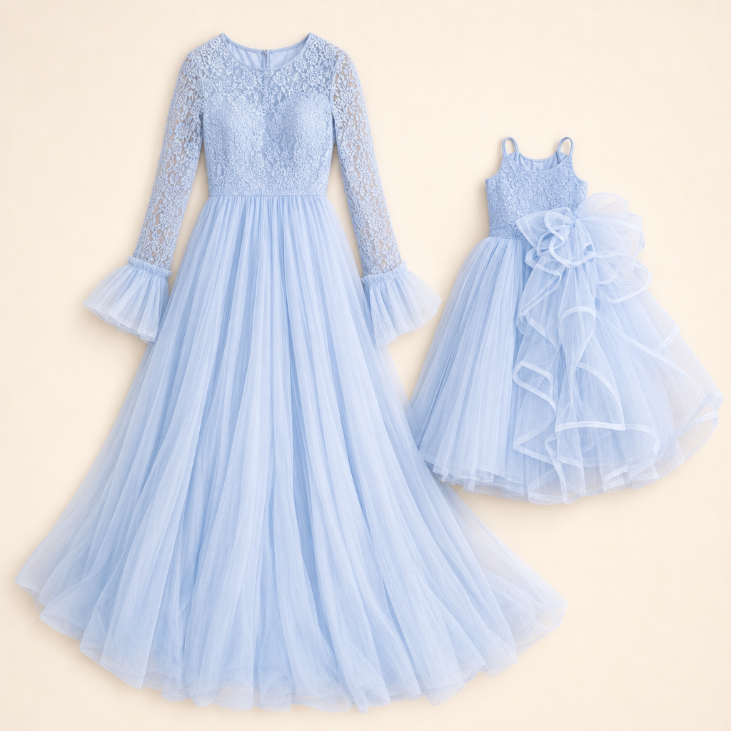 Sky Tulle Mother & Daughter Gown - gowns flat lay
