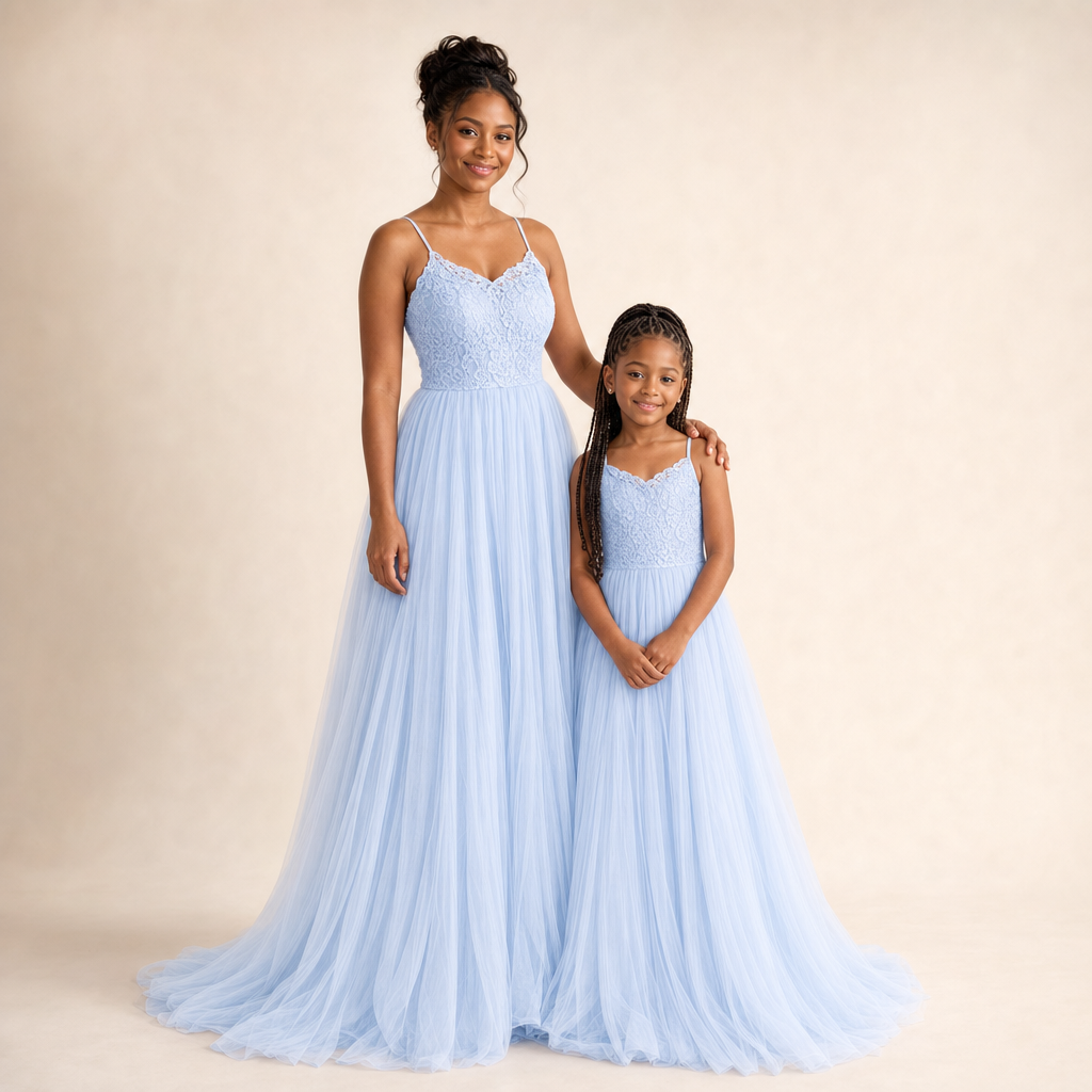 Sky Tulle Mother & Daughter Gown - mom and daughter in matching gowns