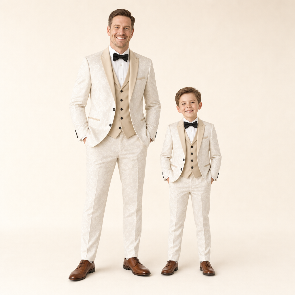Floral Tuxedo Father & Son Suit - dad and son in matching beige tuxedos