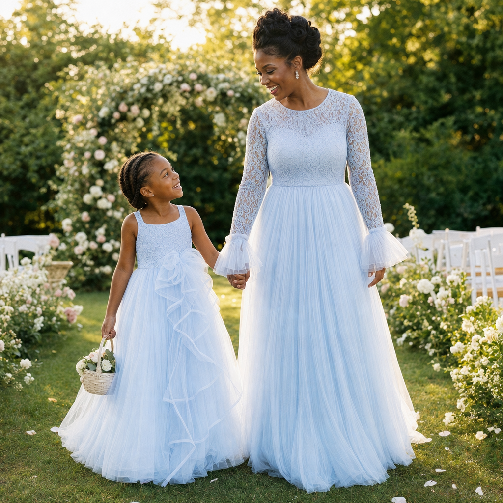 Sky Tulle Mother & Daughter Gown - mom and daughter at a garden wedding