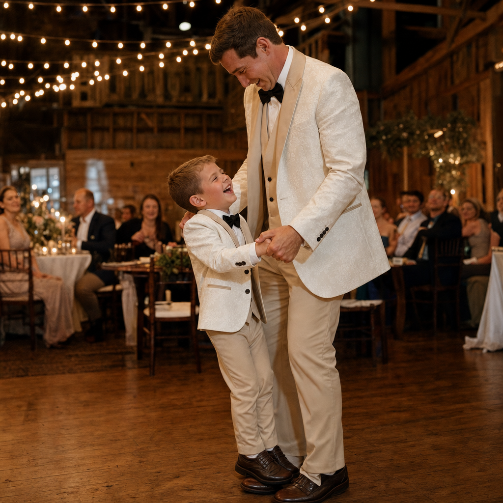 Floral Tuxedo Father & Son Suit - dad and son dancing at a wedding