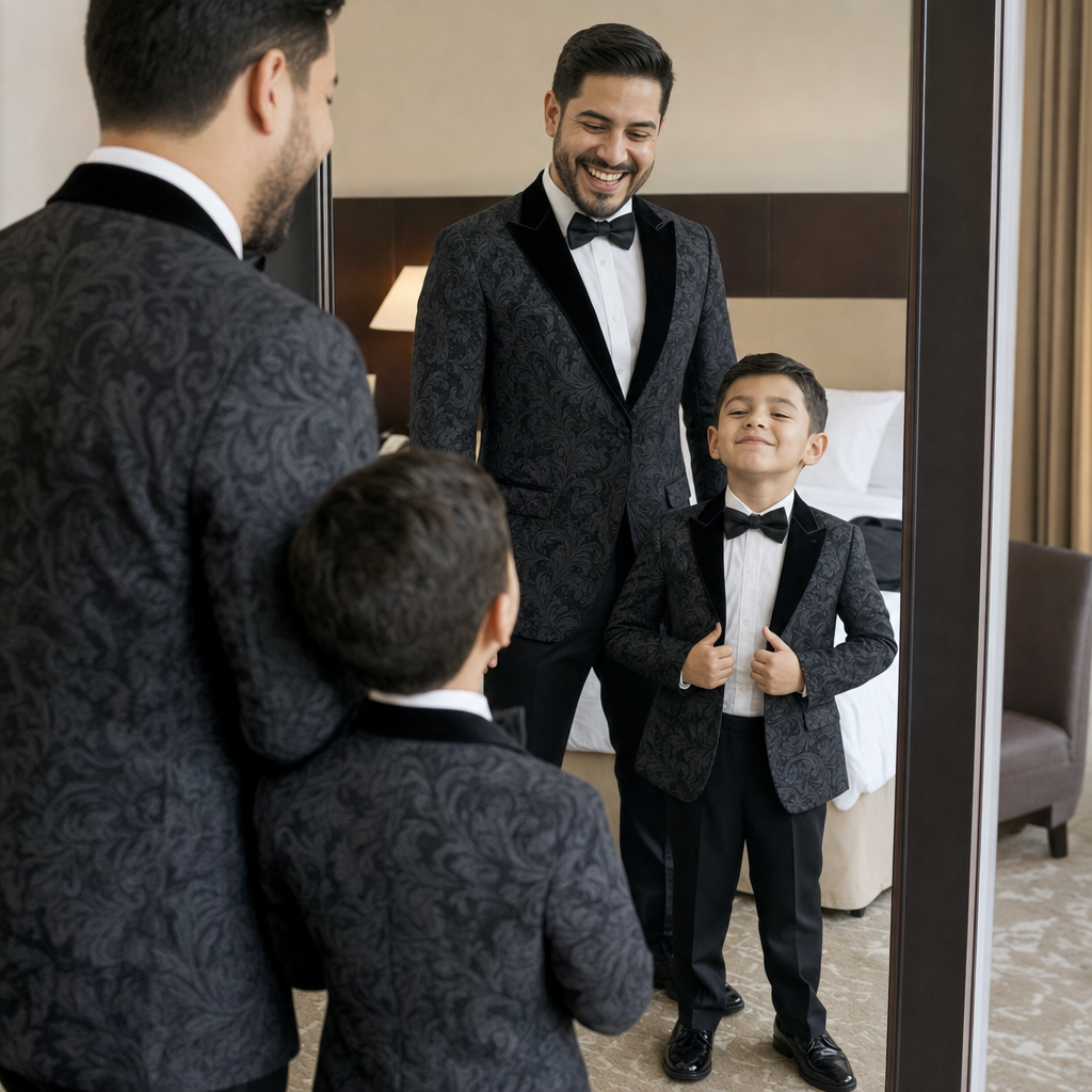Peak Lapel Father & Son Suit - getting ready for a wedding