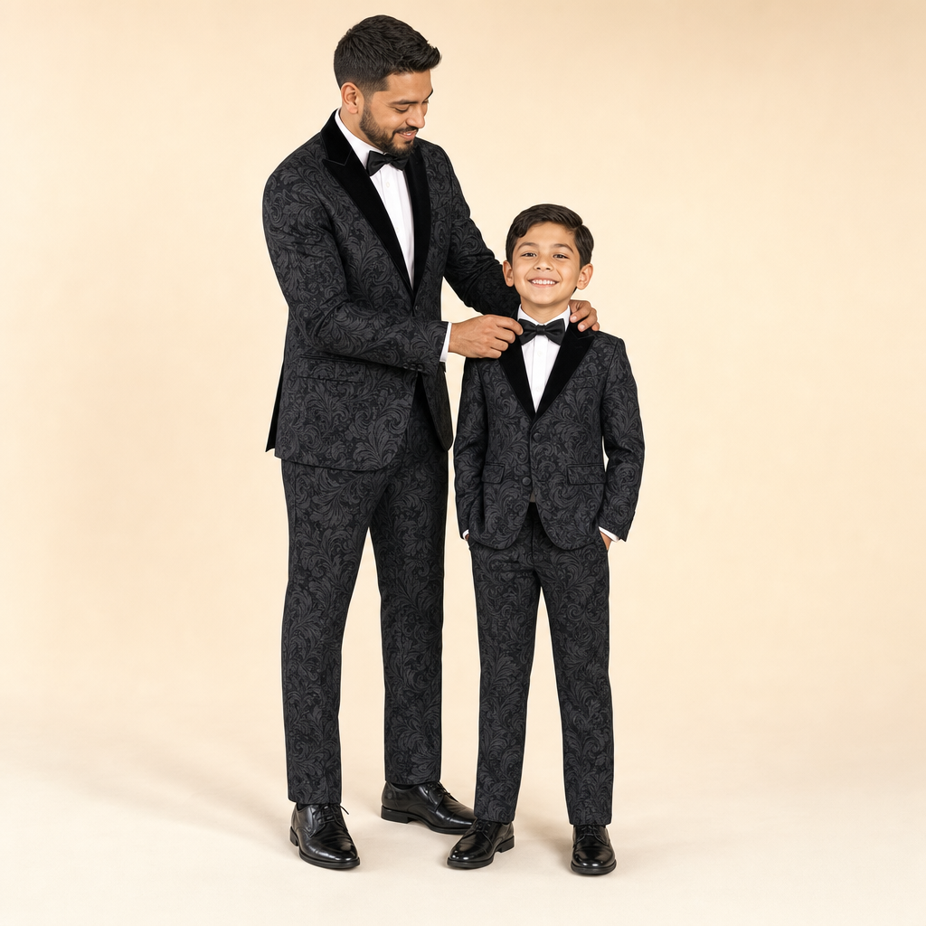 Peak Lapel Father & Son Suit - dad and son in matching black suits