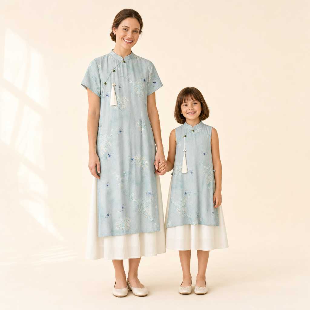 Lotus Garden Mommy & Me Dress - mom and daughter in matching floral dresses