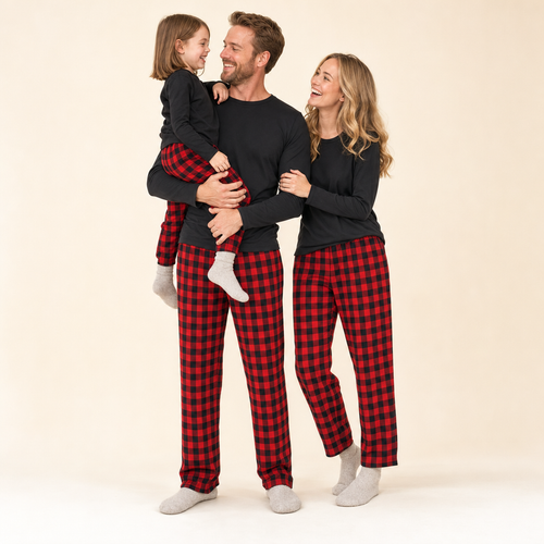 Cabin Plaid Family Christmas Pajamas - mom, dad and daughter in the matching set