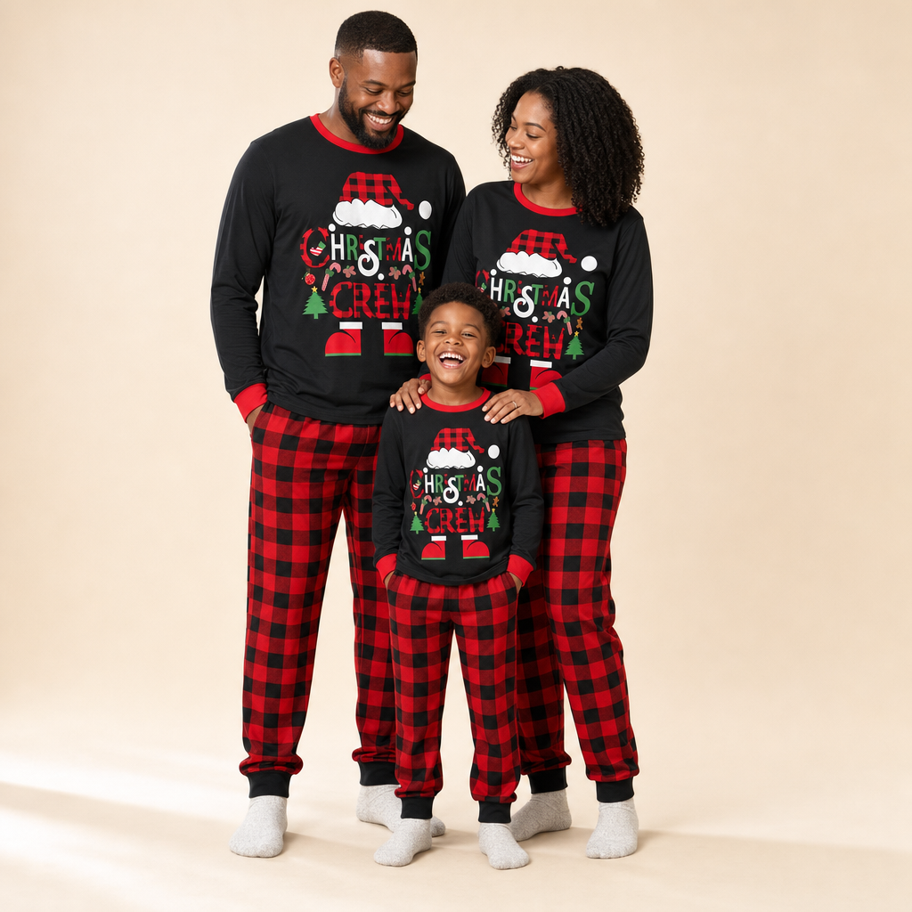 Santa Plaid Family Christmas Pajamas - mom, dad and son in the matching set