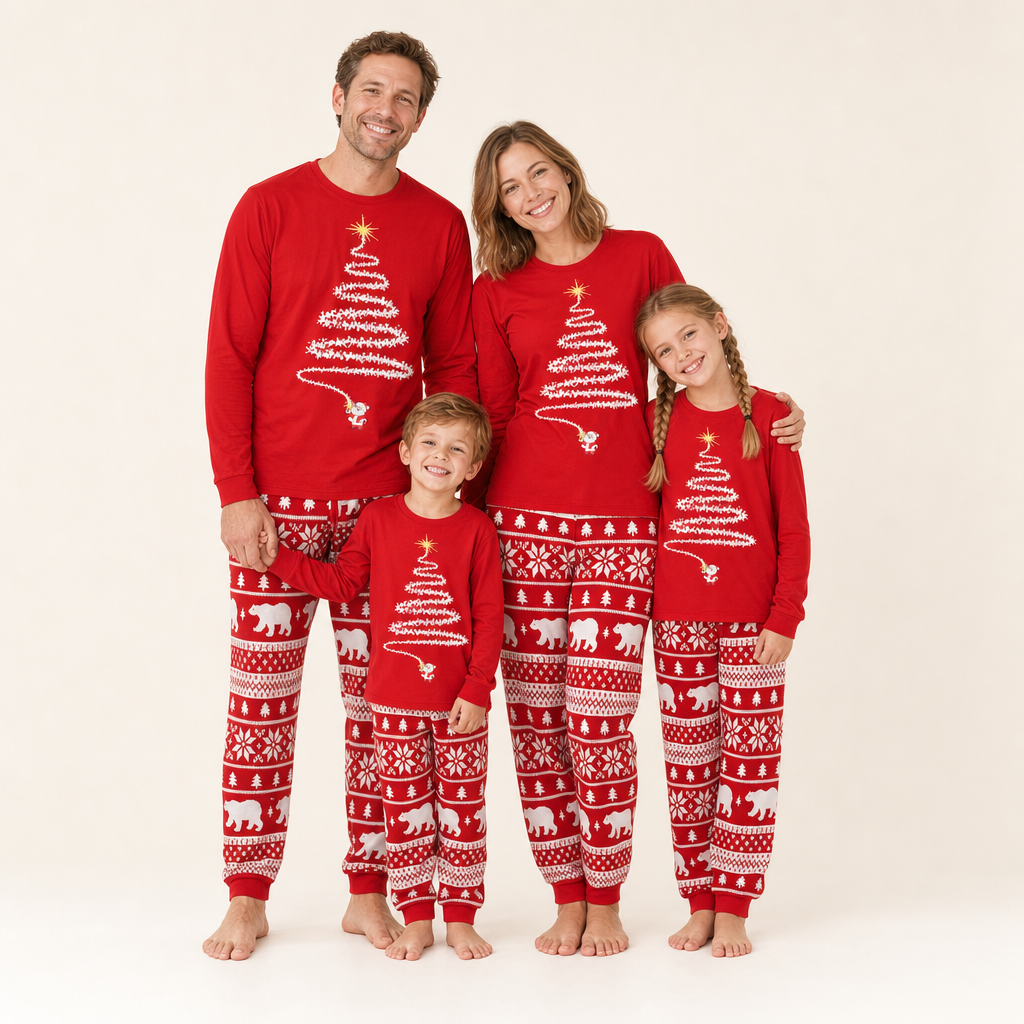 Fireside Red Family Christmas Pajamas - family of four in the matching set