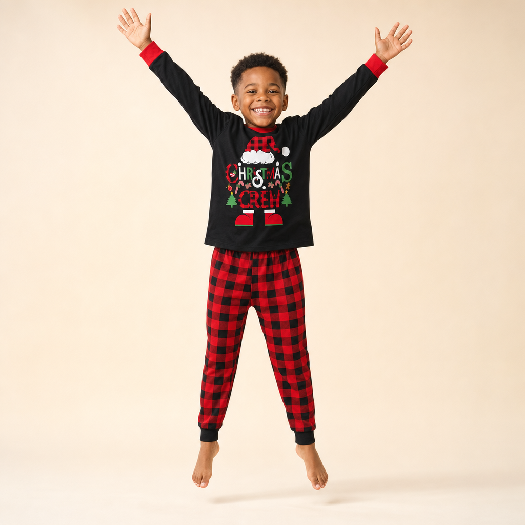 Santa Plaid Family Christmas Pajamas - kids set, full length