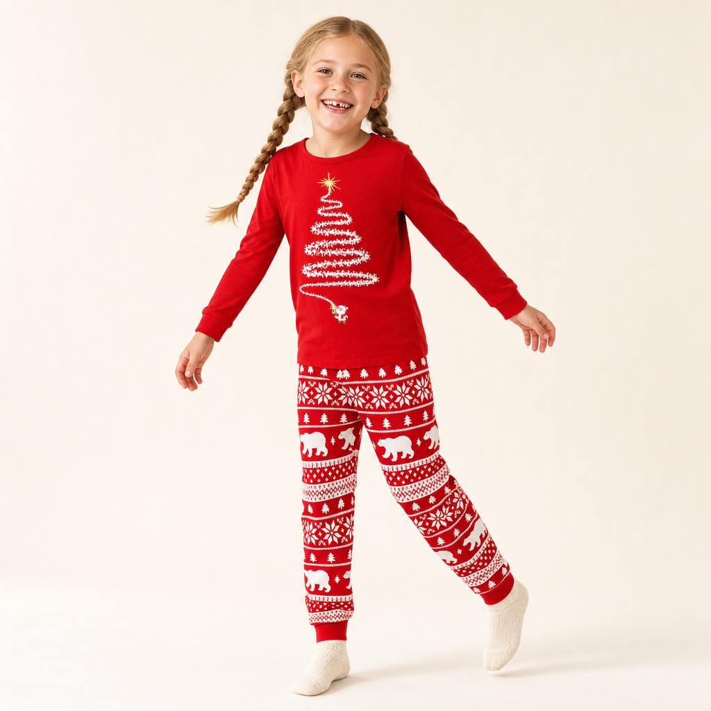 Fireside Red Family Christmas Pajamas - kids set, full length