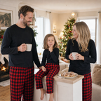 Cabin Plaid Family Christmas Pajamas - family on Christmas morning
