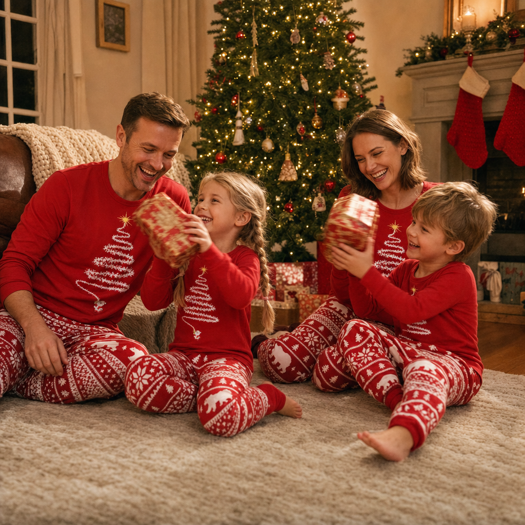 Fireside Red Family Christmas Pajamas - family by the Christmas tree