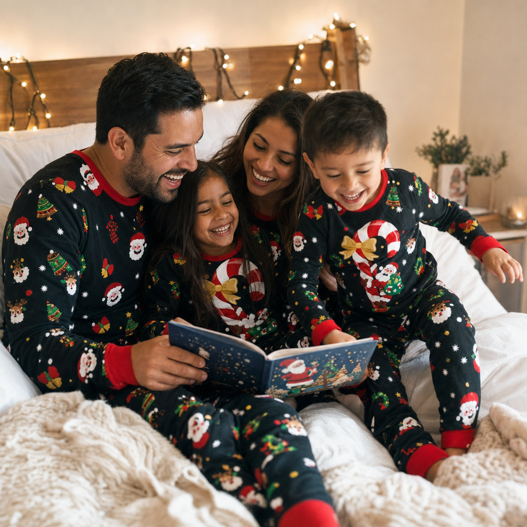 Gingerbread Family Christmas Pajamas - family reading on the bed