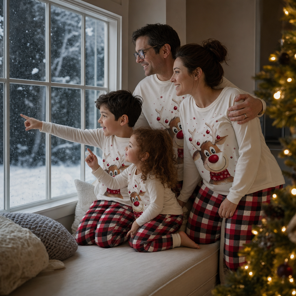 Midnight Deer Family Christmas Pajamas - family watching the snow by the window