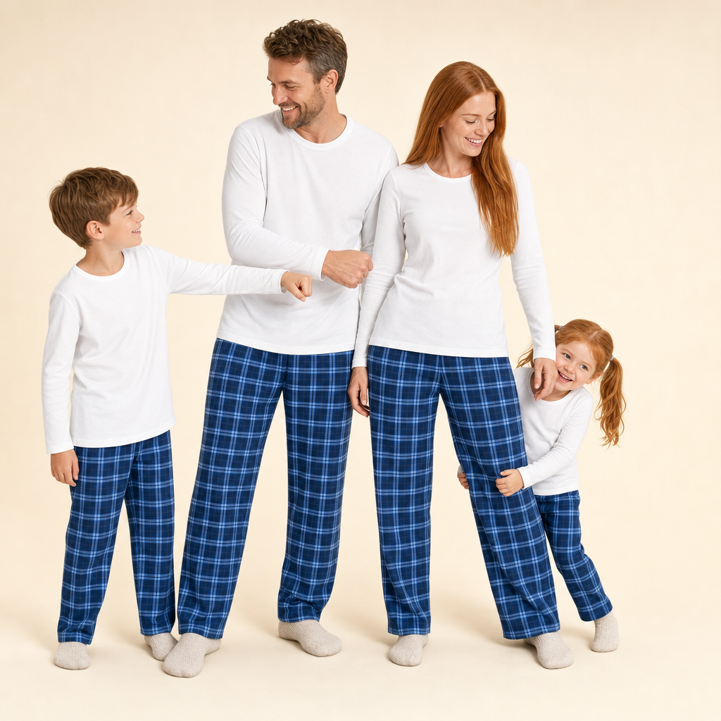 Snowfall Plaid Family Pajamas - family of four in the matching set