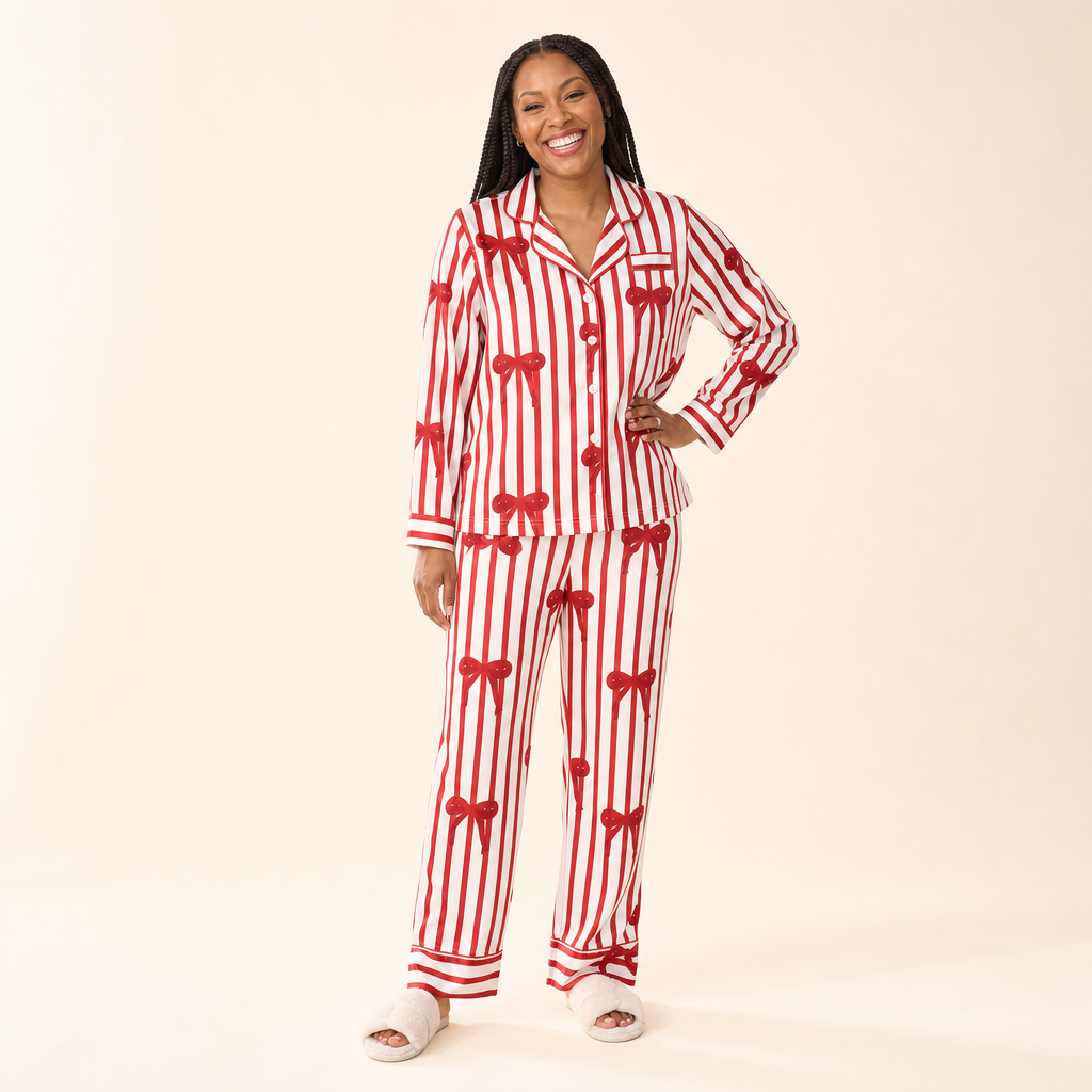 Red Bow Satin Family Pajamas - women's set, full length