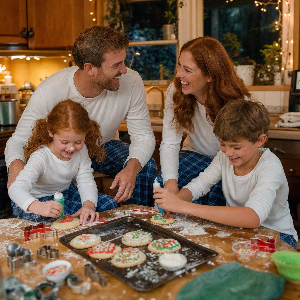 Snowfall Plaid Family Pajamas - family decorating cookies in the kitchen
