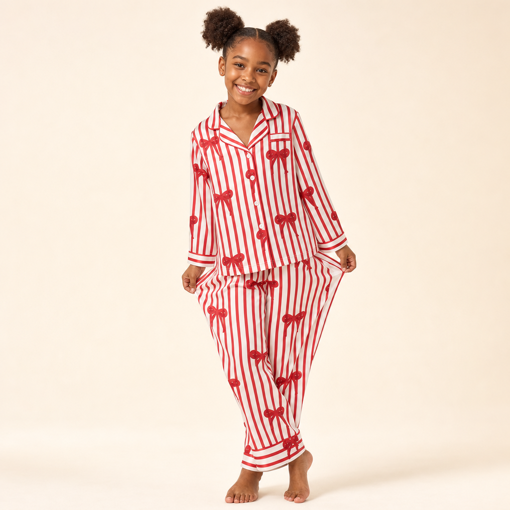 Red Bow Satin Family Pajamas - girls' set, full length