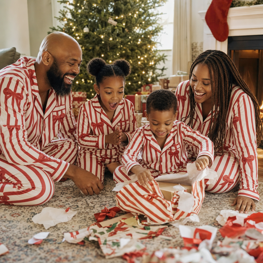 Red Bow Satin Family Pajamas - family opening gifts on Christmas morning