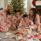 Red Bow Satin Family Pajamas - family opening gifts on Christmas morning