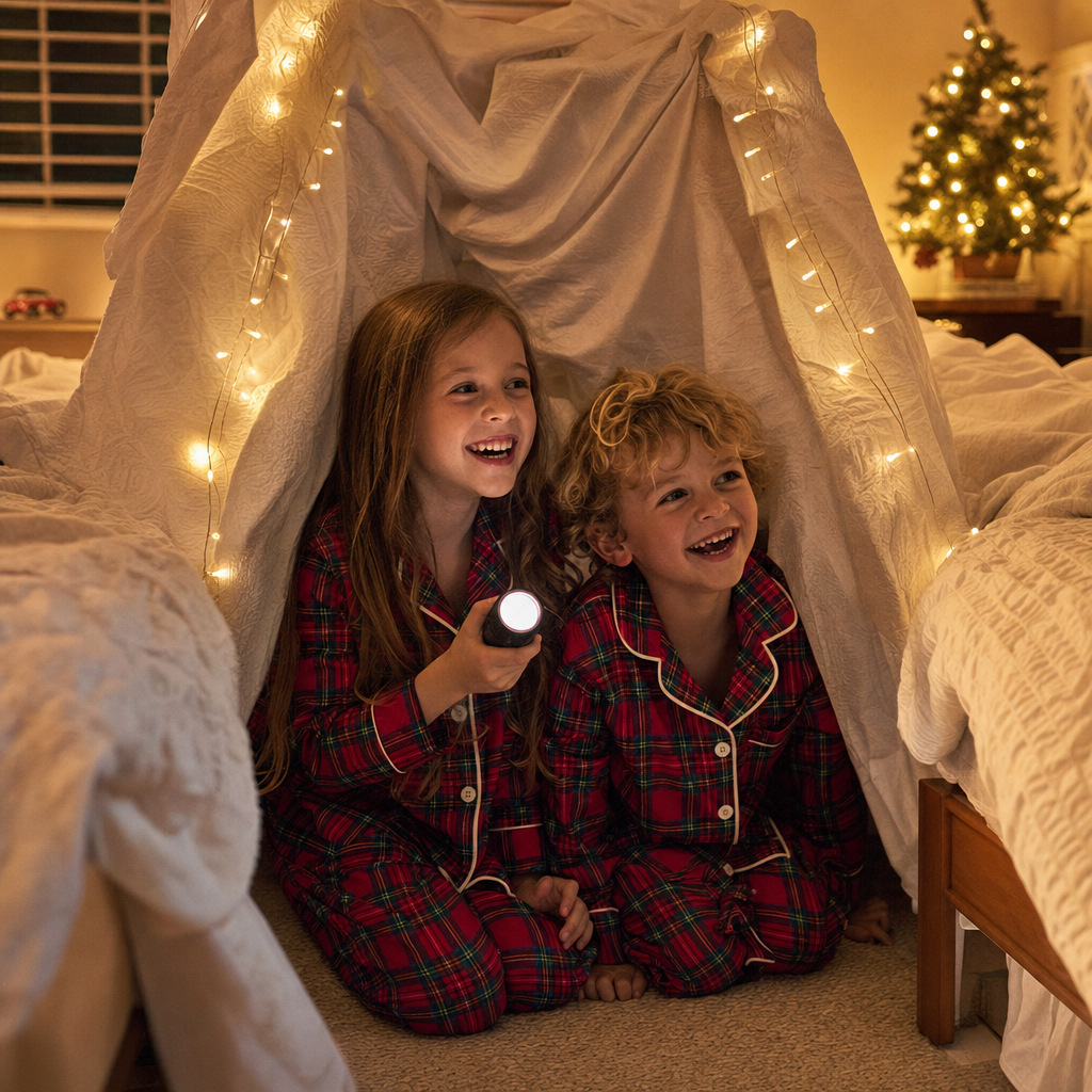 Holly Plaid Kids Pajama Set - siblings in a blanket fort in the bedroom
