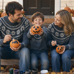 Fair Isle Family Matching Sweater - family painting pumpkins on the porch