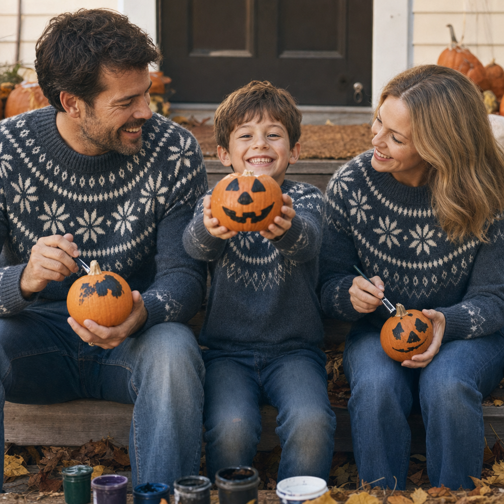 Fair Isle Family Matching Sweater - family painting pumpkins on the porch