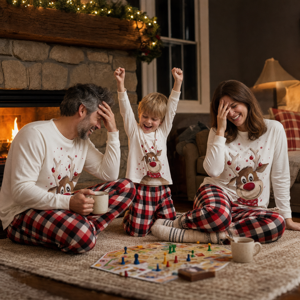 Winter Elk Family Loungewear - family game night by the fireplace