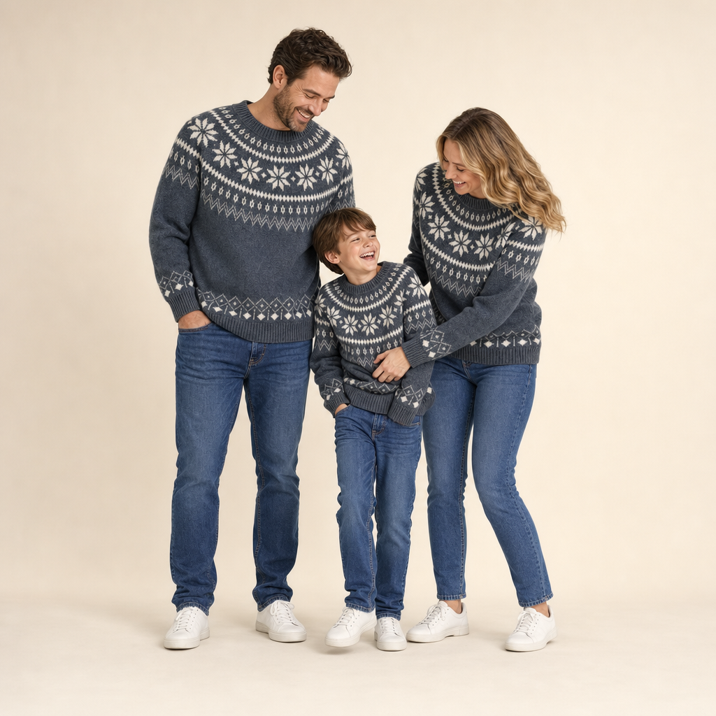 Fair Isle Family Matching Sweater - mom, dad and son in matching sweaters
