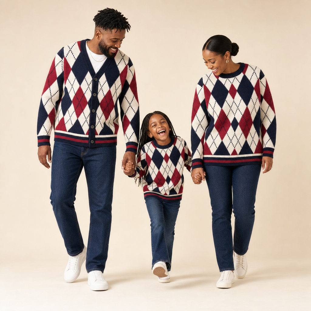 Cabin Knit Family Matching Cardigan - mom, dad and daughter in matching knits