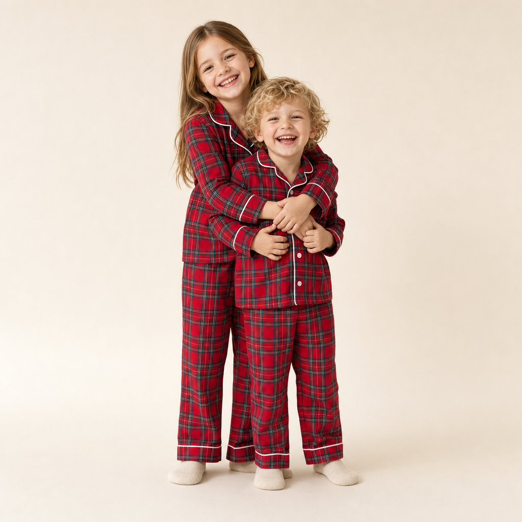 Holly Plaid Kids Pajama Set - two siblings in the matching set